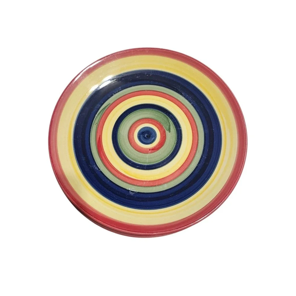 Set of 4 Swirl Hand‎ Painted Collection 9in Salad Plates Multi Color Rings Retro